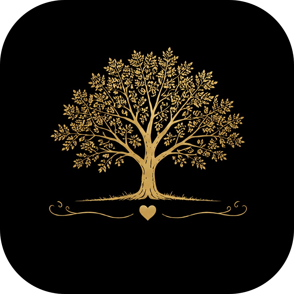 Family Memory Album — gold family tree emblem on black
