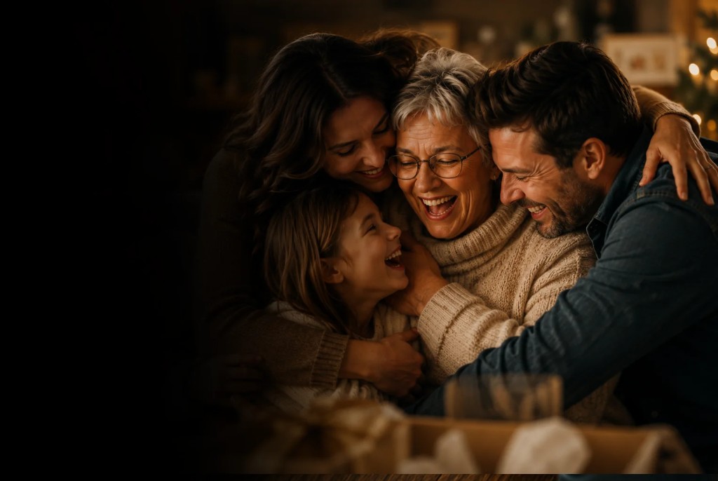 Multi-generational family laughing together in a warm embrace — the joy of a family surprise