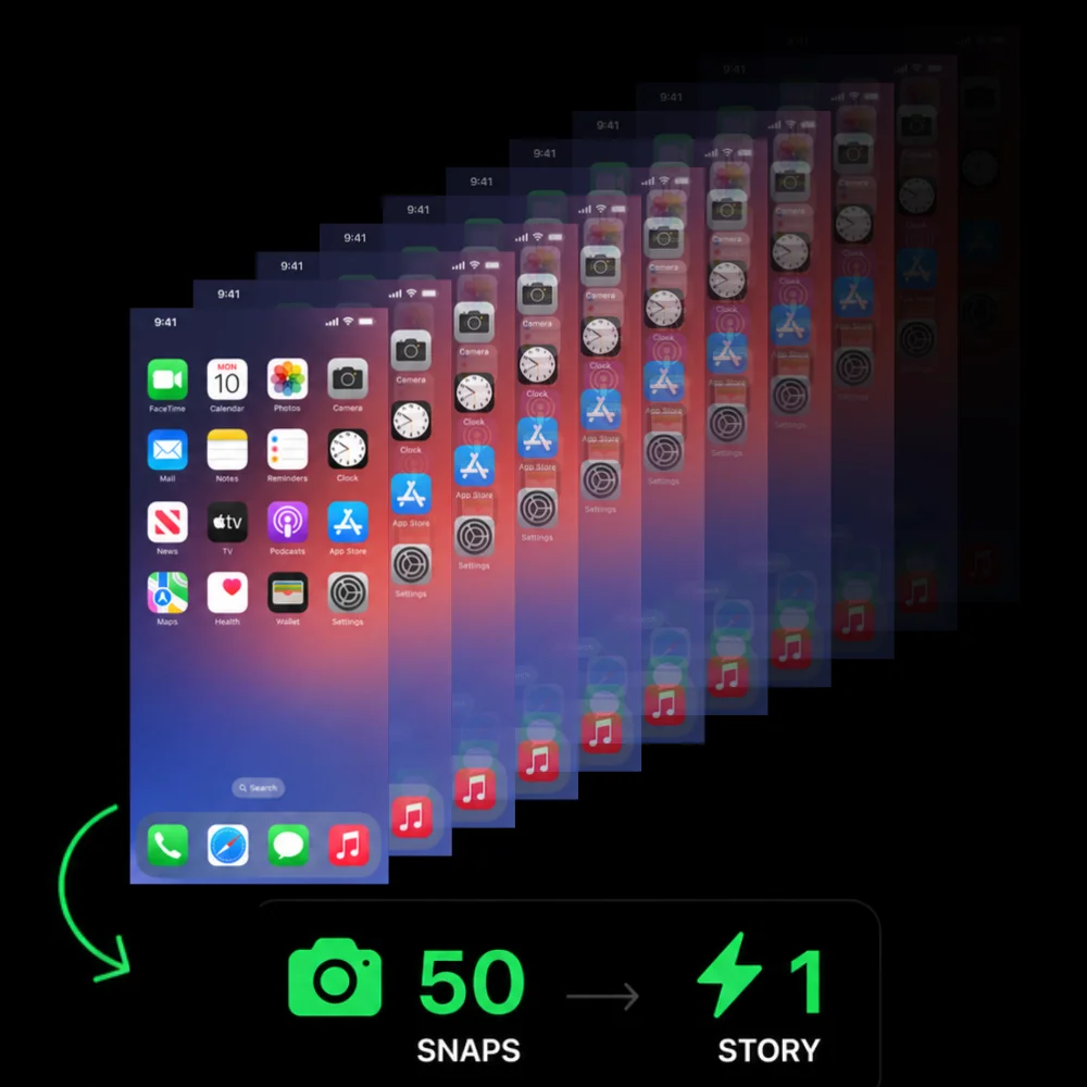 Fifty stacked iPhone screenshots become one story — 50 Snaps, 1 Story.