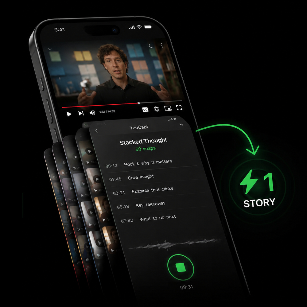 YouCapt stacked thought — fifty snaps from one YouTube watch, one story.